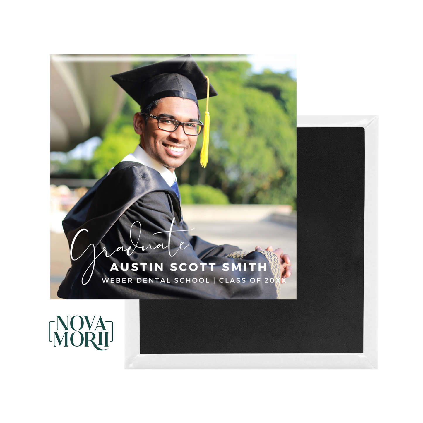 Custom graduation photo magnet with graduate name and class year