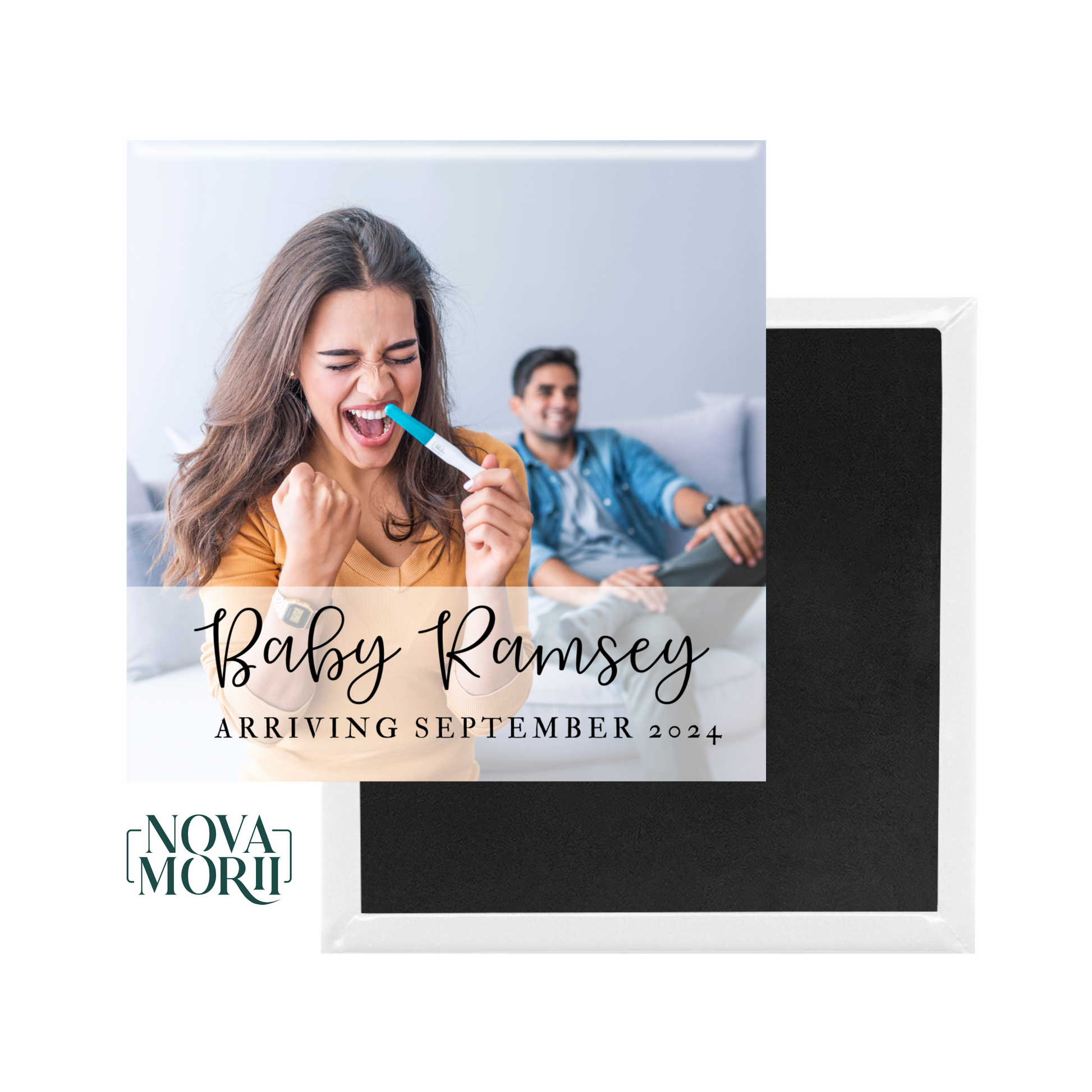 Excited woman holding a positive pregnancy test, custom baby announcement magnet.