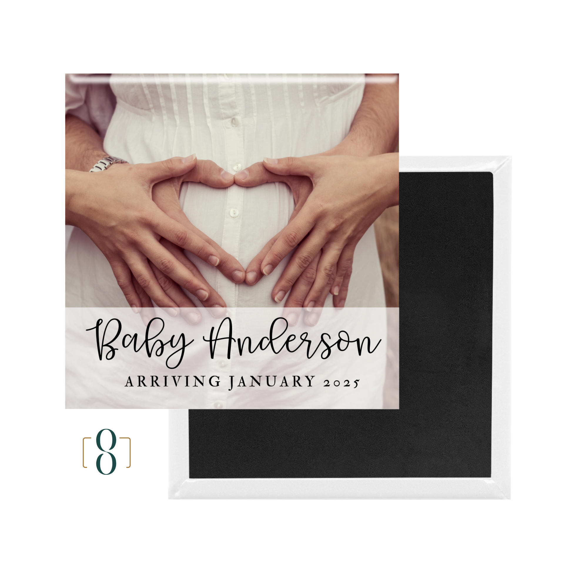Hands forming a heart shape over pregnant belly, custom baby announcement magnet 