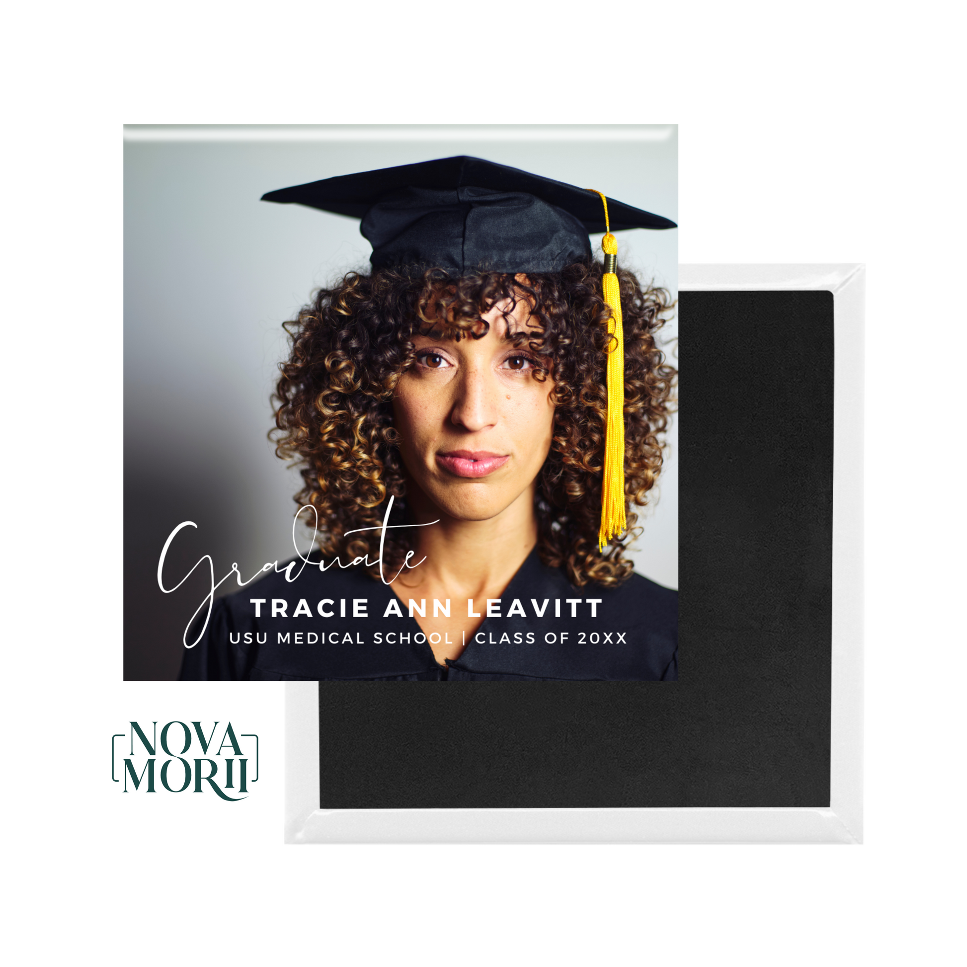 Custom graduation photo magnet with graduate name and class year
