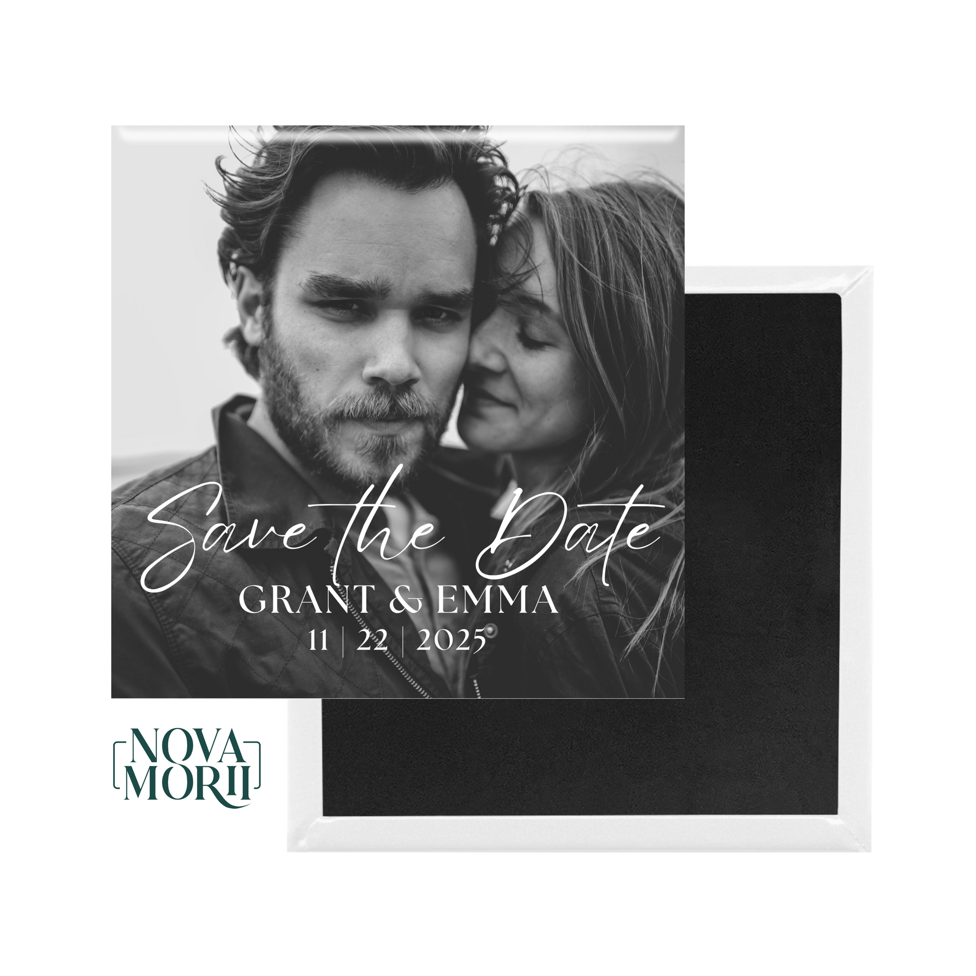 Black and white custom Save the Date photo magnet with couple and wedding date