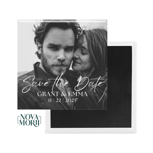 Black and white custom Save the Date photo magnet with couple and wedding date